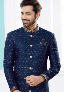Woven Art Silk Jacquard Sherwani in Navy Blue