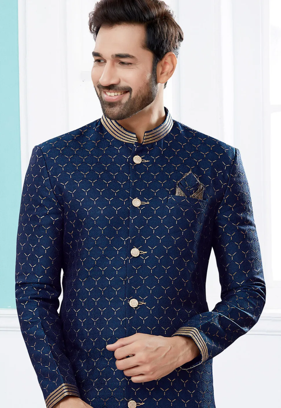 Woven Art Silk Jacquard Sherwani in Navy Blue