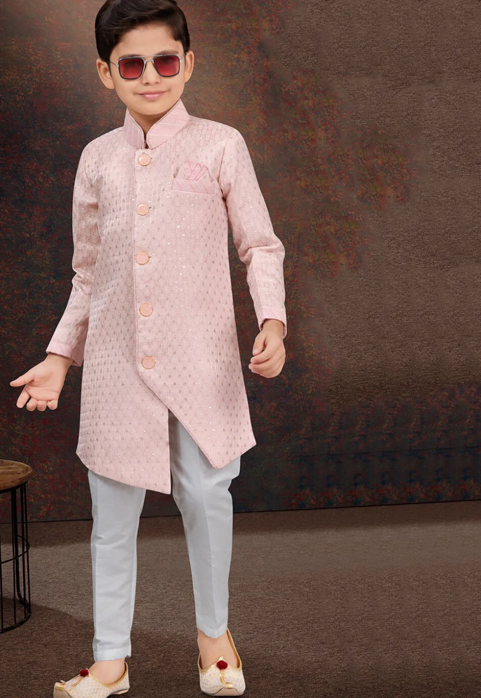 Woven Art Silk Jacquard Sherwani in Pink
