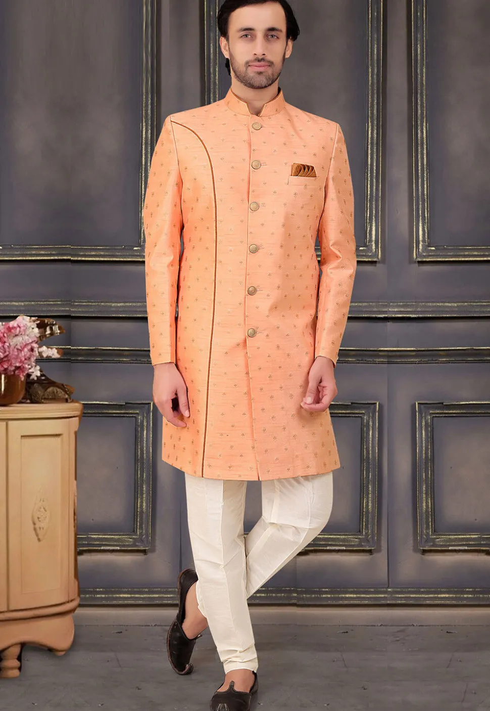 Woven Art Silk Jacquard Sherwani in Peach