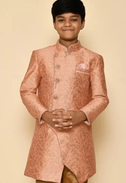 Woven Art Silk Jacquard Sherwani Set in Peach