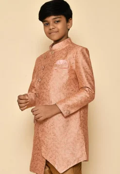Woven Art Silk Jacquard Sherwani Set in Peach