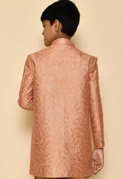 Woven Art Silk Jacquard Sherwani Set in Peach
