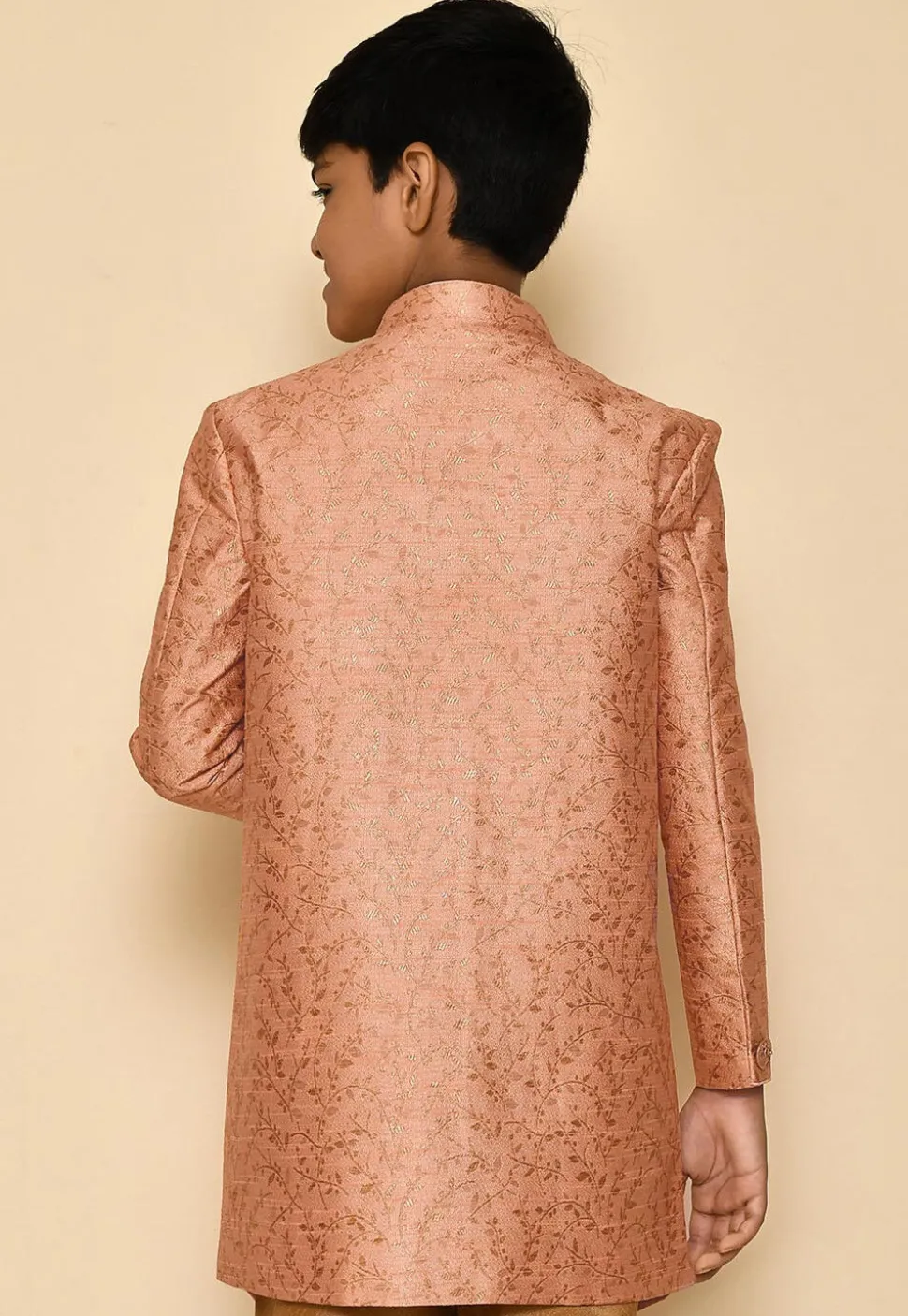 Woven Art Silk Jacquard Sherwani Set in Peach