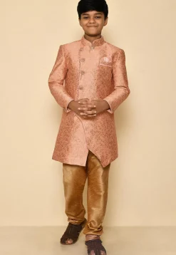 Woven Art Silk Jacquard Sherwani Set in Peach