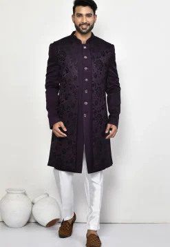 Woven Art Silk Jacquard Sherwani in Purple