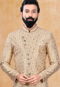 Woven Art Silk Jacquard Sherwani in Beige