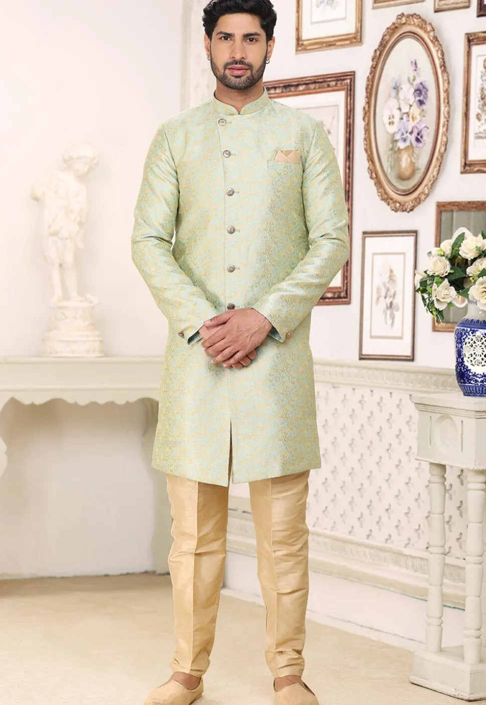 Woven Art Silk Jacquard Sherwani in Pastel Green