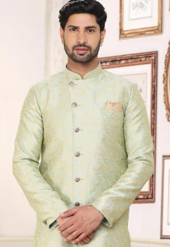 Woven Art Silk Jacquard Sherwani in Pastel Green