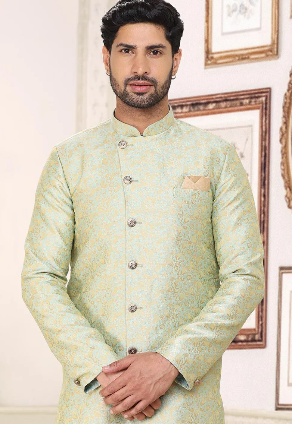 Woven Art Silk Jacquard Sherwani in Pastel Green