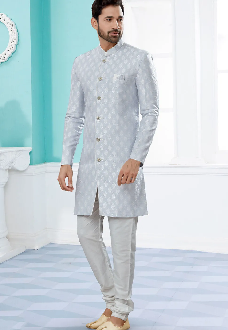 Woven Art Silk Jacquard Sherwani in Sky Blue