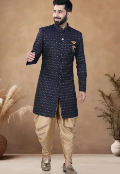 Woven Art Silk Jacquard Sherwani in Navy Blue