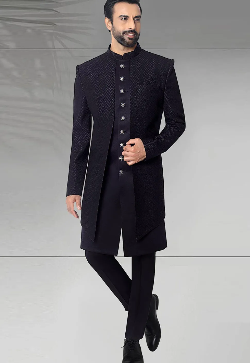 Woven Art Silk Jacquard Sherwani in Navy Blue