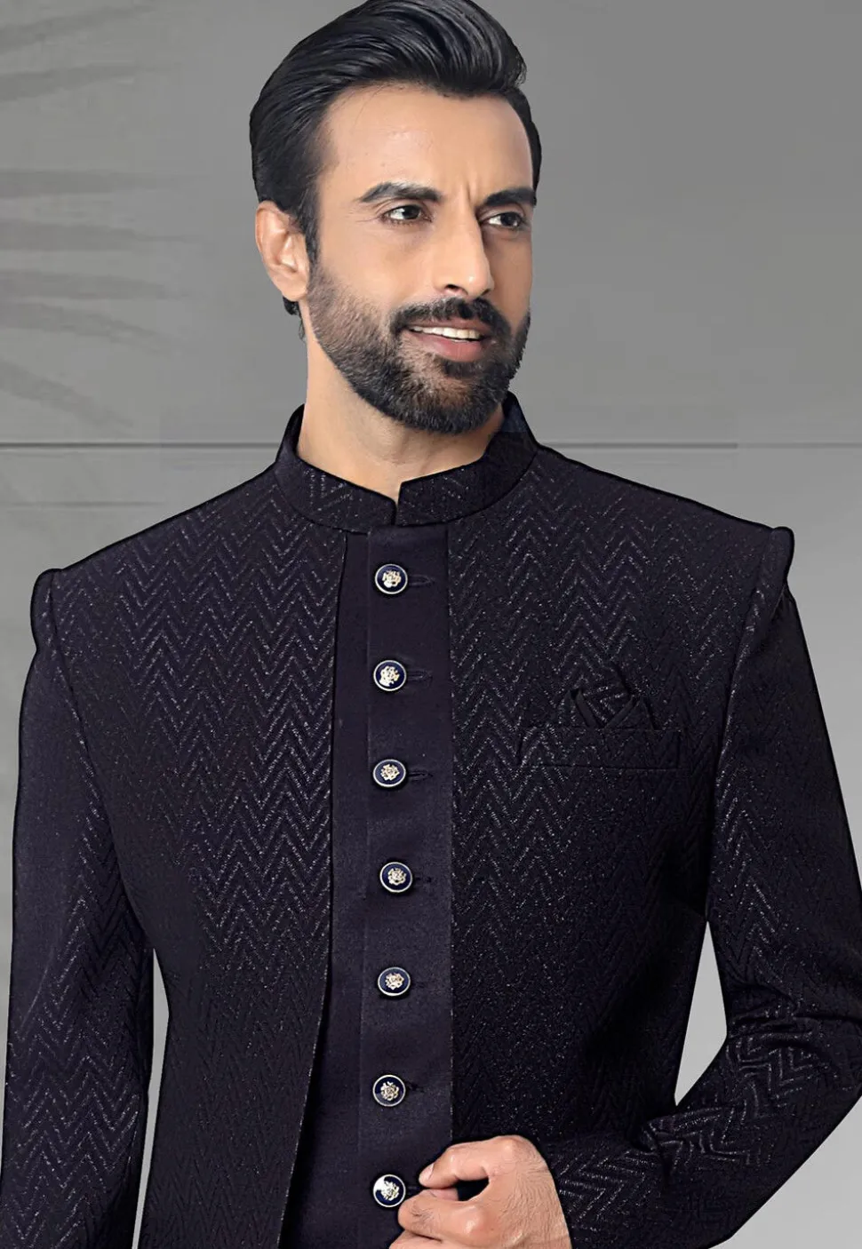 Woven Art Silk Jacquard Sherwani in Navy Blue