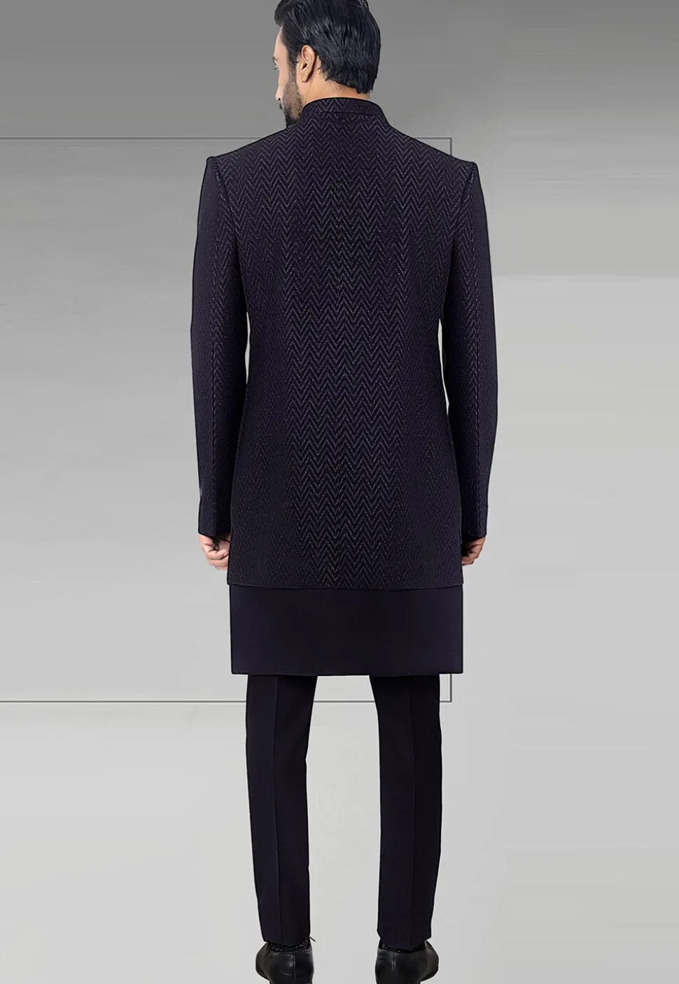 Woven Art Silk Jacquard Sherwani in Navy Blue