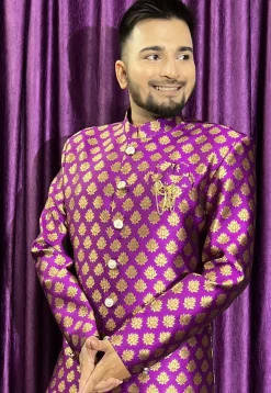 Woven Art Silk Jacquard Sherwani in Purple