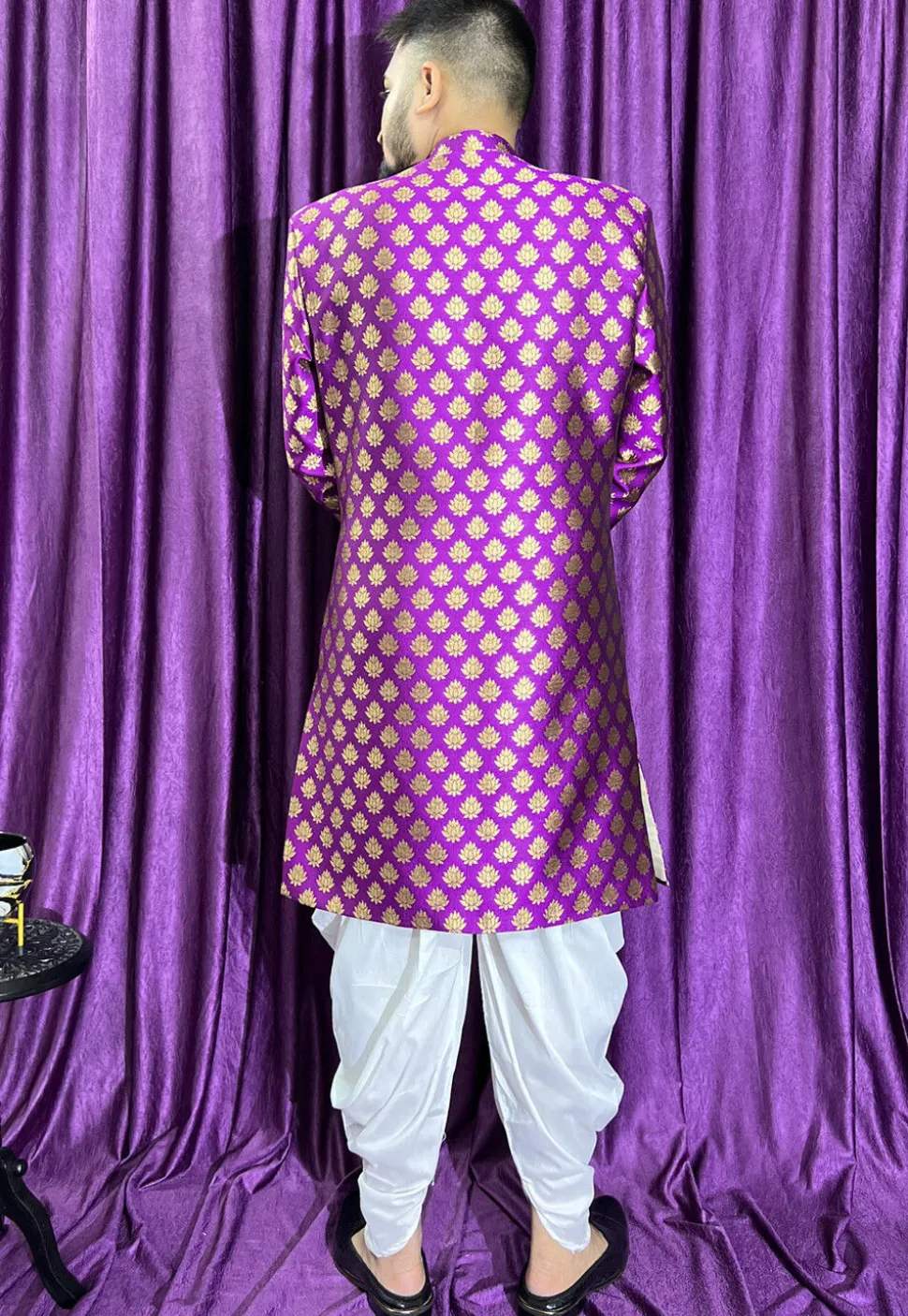 Woven Art Silk Jacquard Sherwani in Purple
