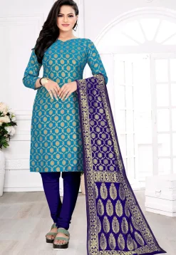 Woven Art Silk Jacquard Straight Suit in Blue