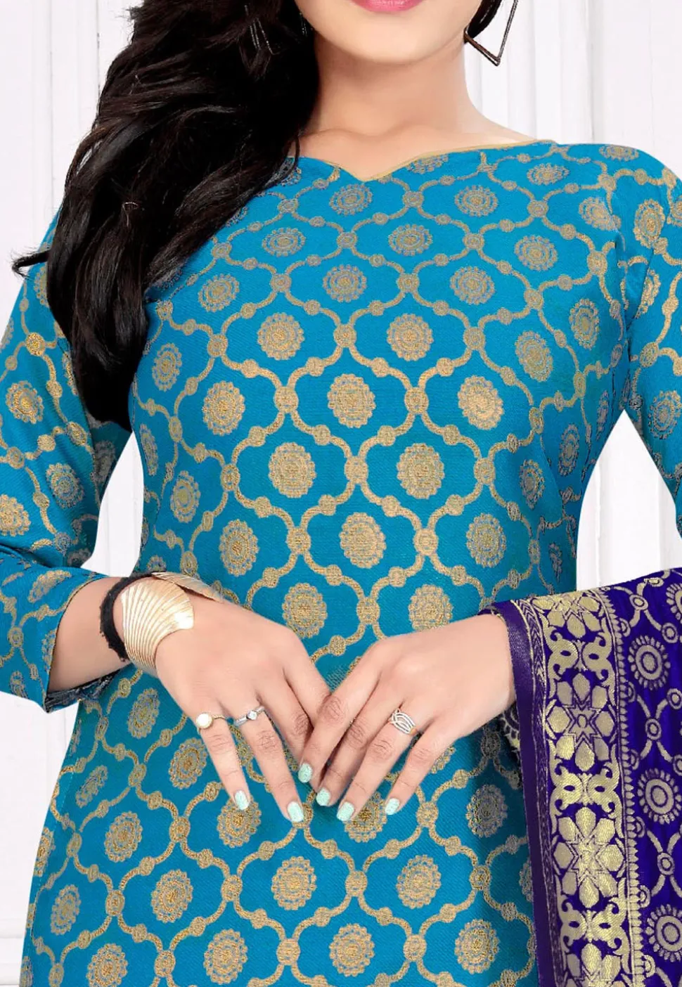 Woven Art Silk Jacquard Straight Suit in Blue