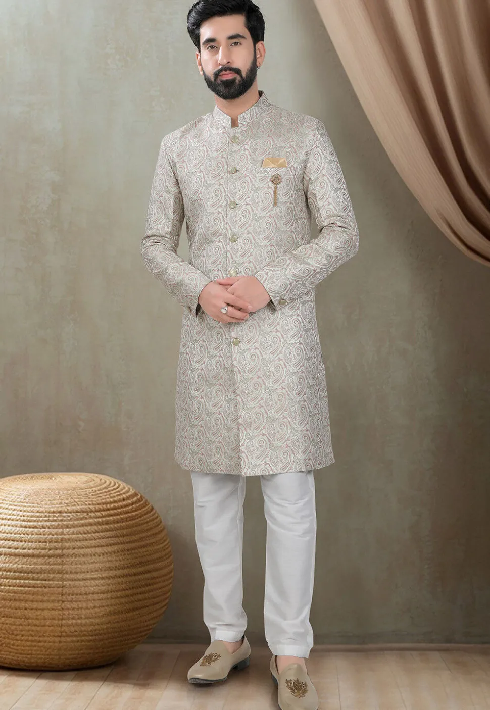 Woven Art Silk Jacquard Sherwani in Light Green