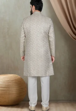 Woven Art Silk Jacquard Sherwani in Light Green