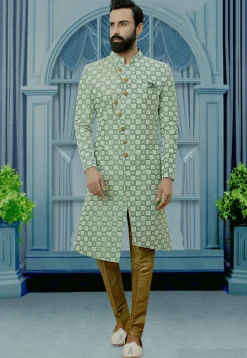 Woven Art Silk Jacquard Sherwani in Teal Green