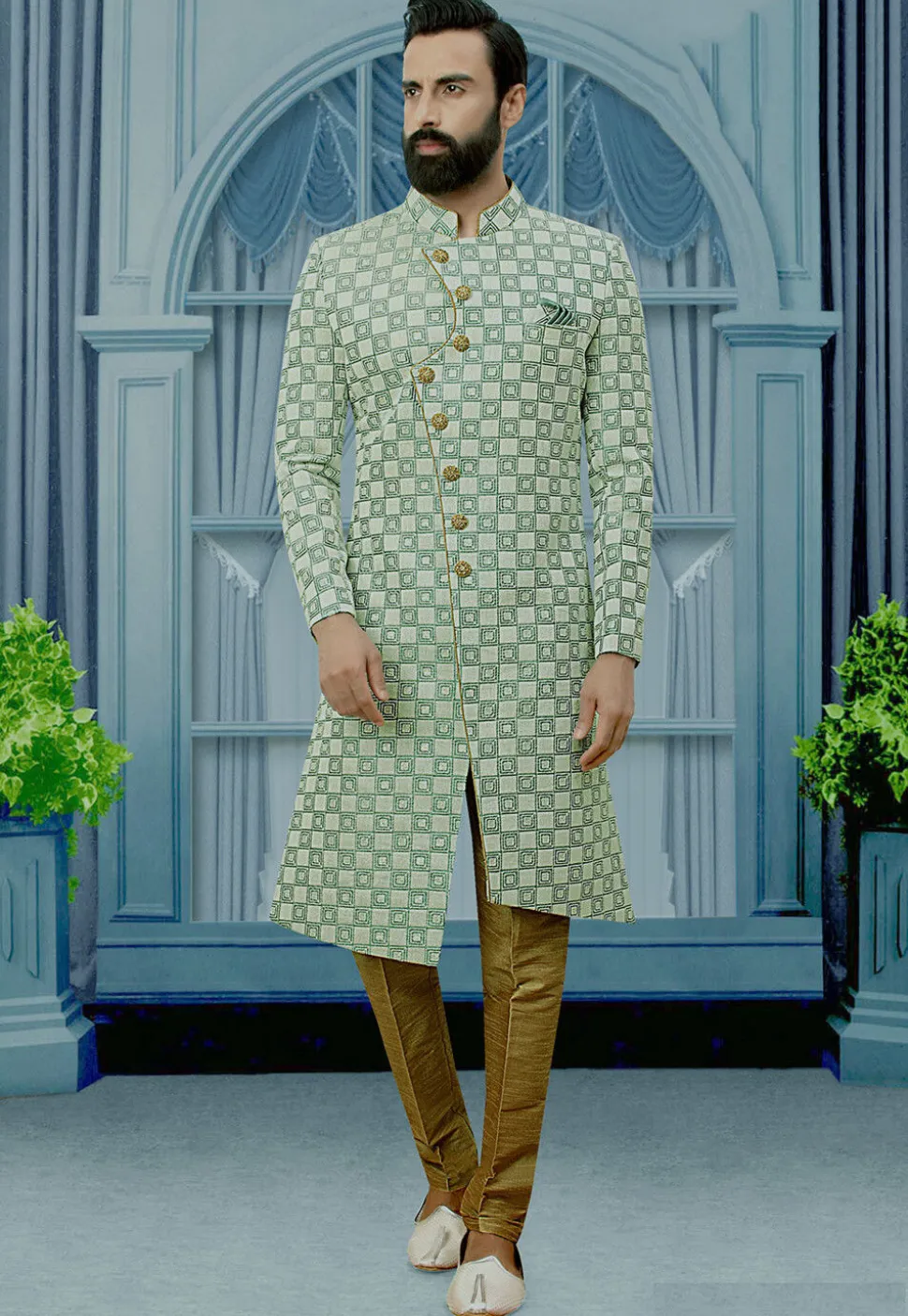 Woven Art Silk Jacquard Sherwani in Teal Green