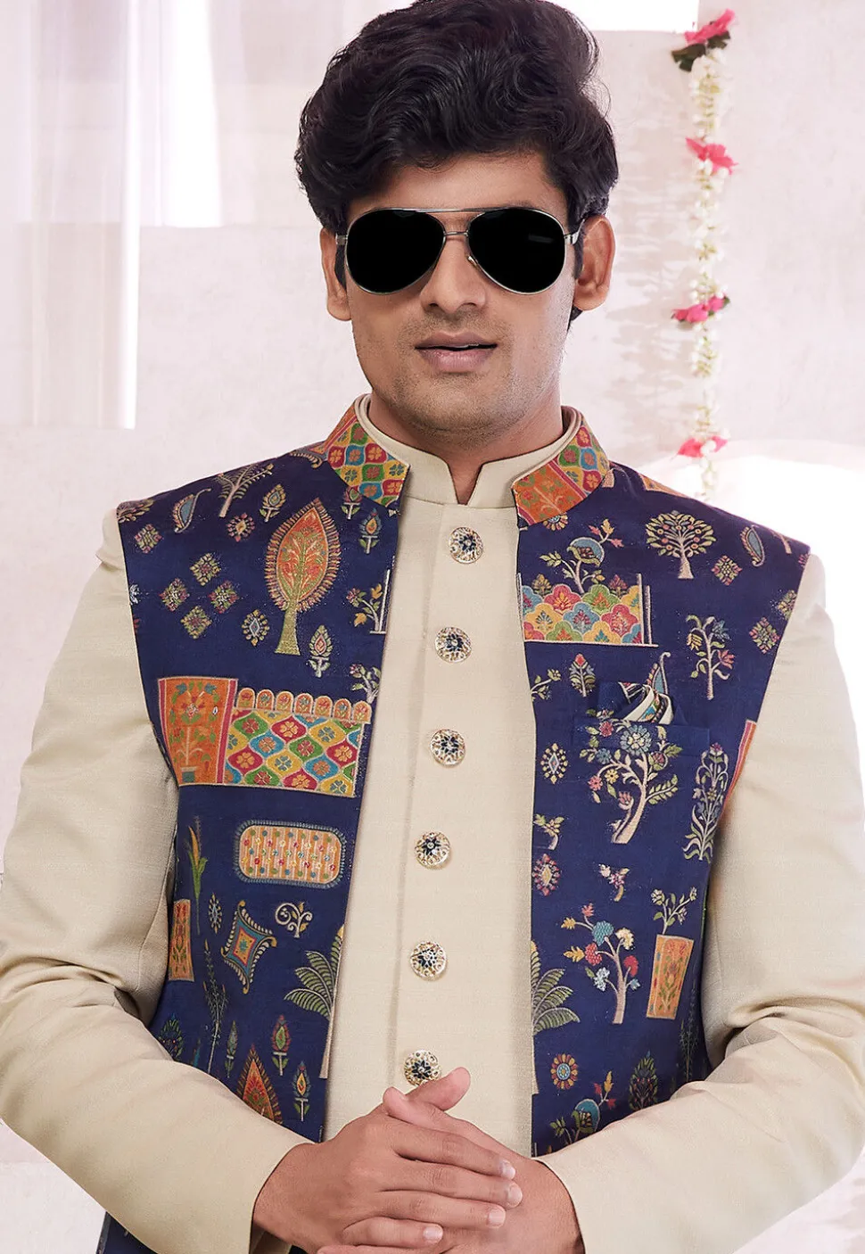 Woven Art Silk Jacquard Sherwani in Cream