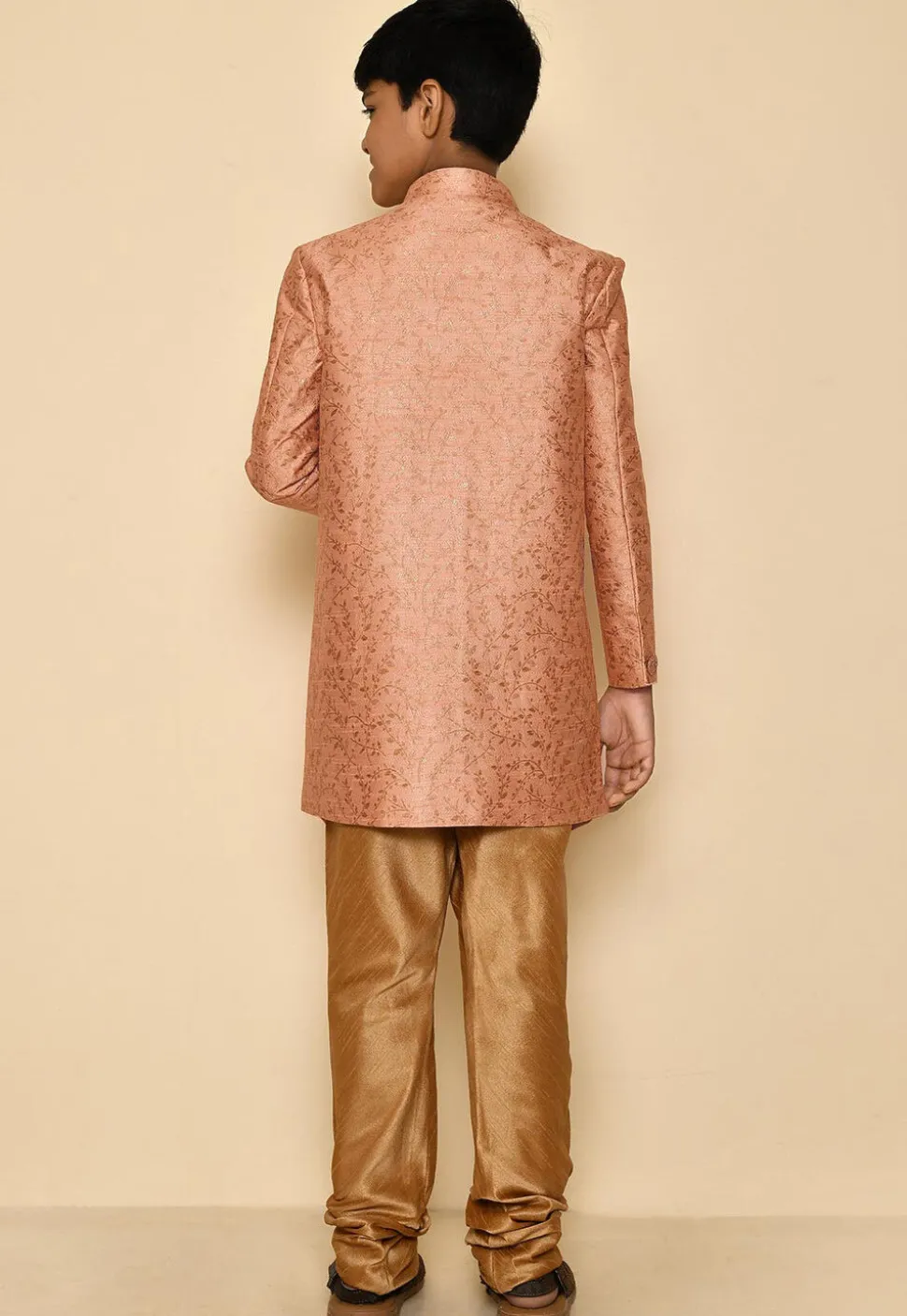 Woven Art Silk Jacquard Sherwani Set in Peach