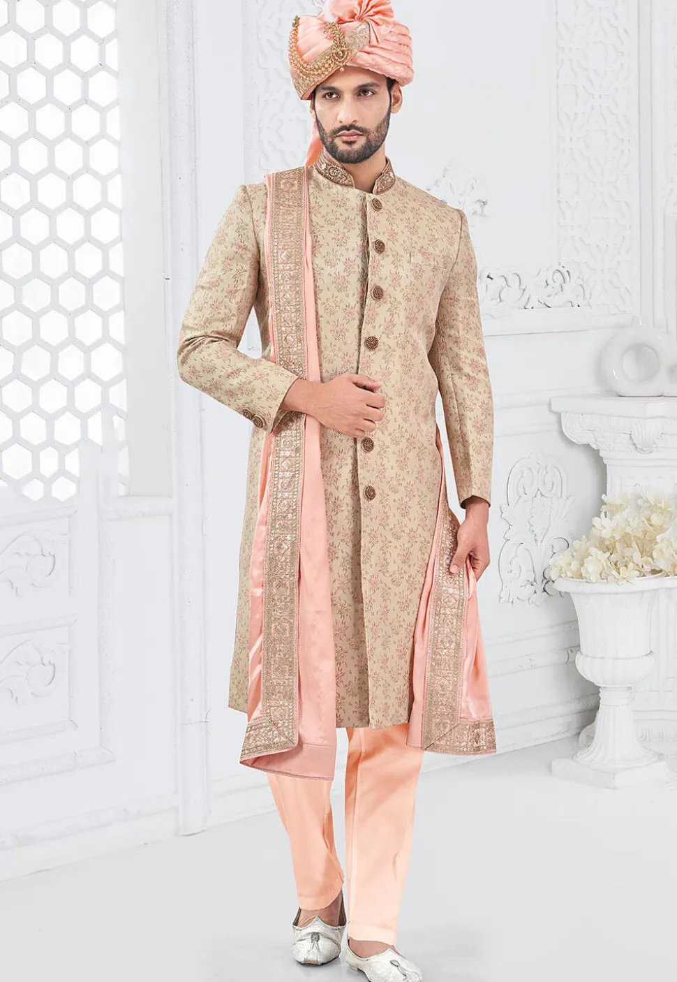 Woven Art Silk Jacquard Sherwani in Beige