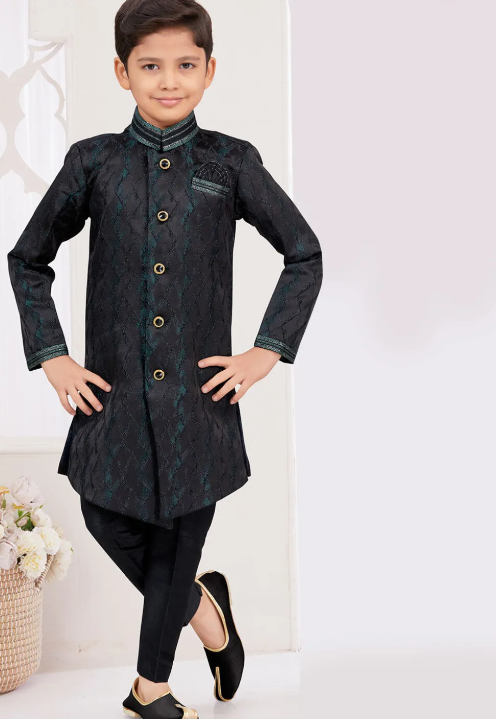 Woven Art Silk Jacquard Sherwani in Black
