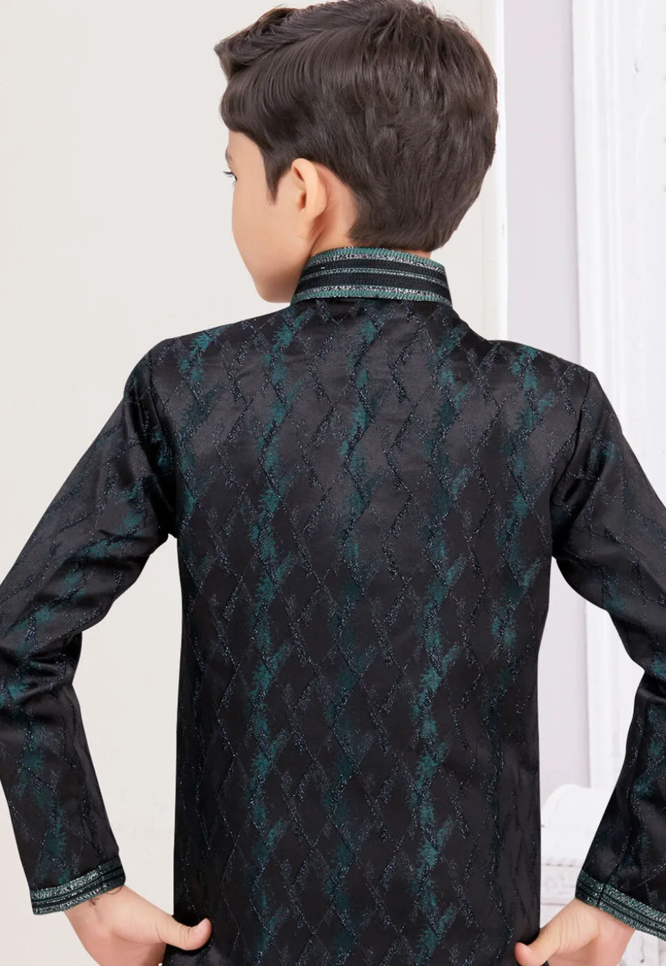 Woven Art Silk Jacquard Sherwani in Black