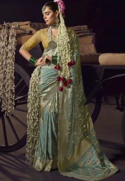 Woven Art Silk Jacquard Scalloped Saree in Light Blue
