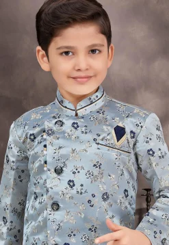 Woven Art Silk Jacquard Sherwani in Dusty Blue