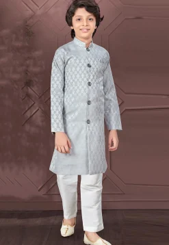Woven Art Silk Jacquard Sherwani in Grey