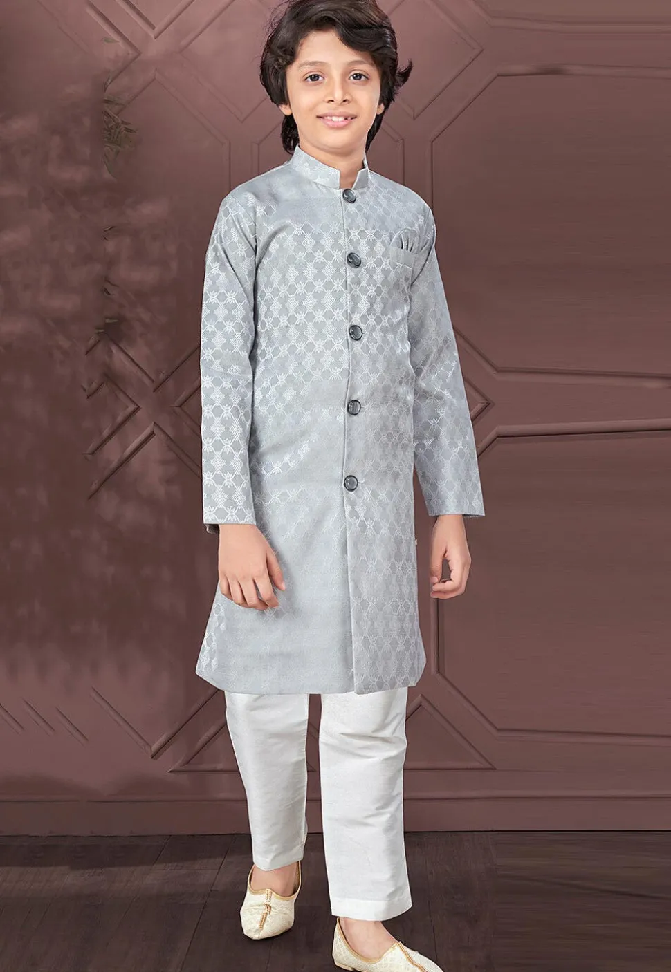Woven Art Silk Jacquard Sherwani in Grey