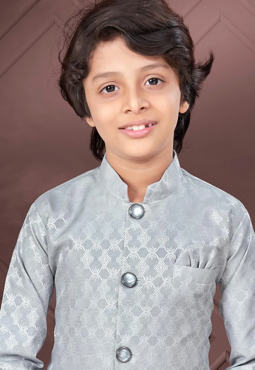 Woven Art Silk Jacquard Sherwani in Grey