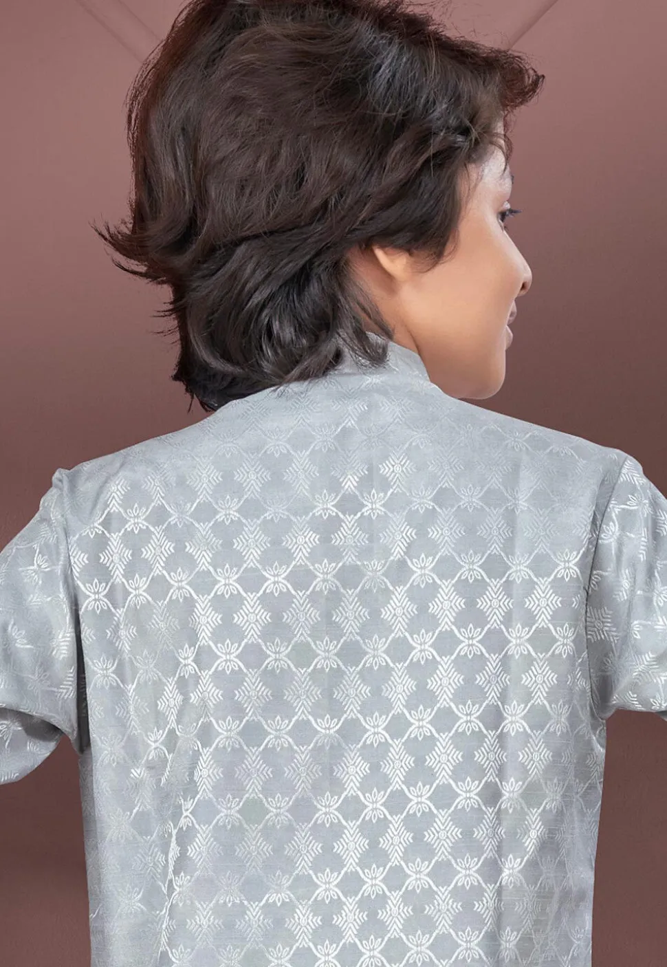 Woven Art Silk Jacquard Sherwani in Grey