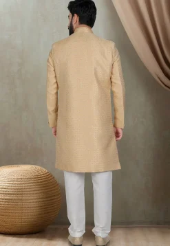 Woven Art Silk Jacquard Sherwani in Beige