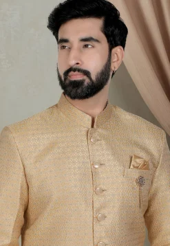 Woven Art Silk Jacquard Sherwani in Beige