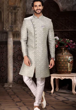 Woven Art Silk Jacquard Sherwani in Grey