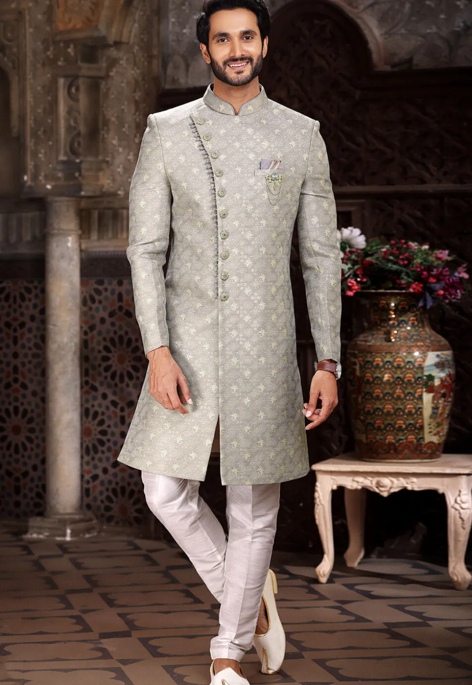Woven Art Silk Jacquard Sherwani in Grey
