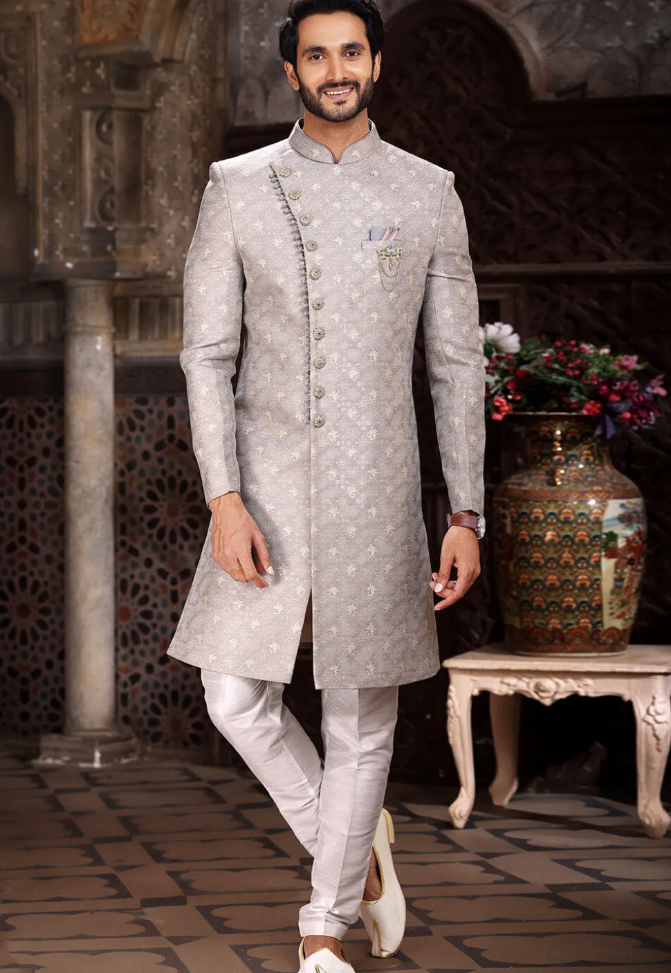 Woven Art Silk Jacquard Sherwani in Grey