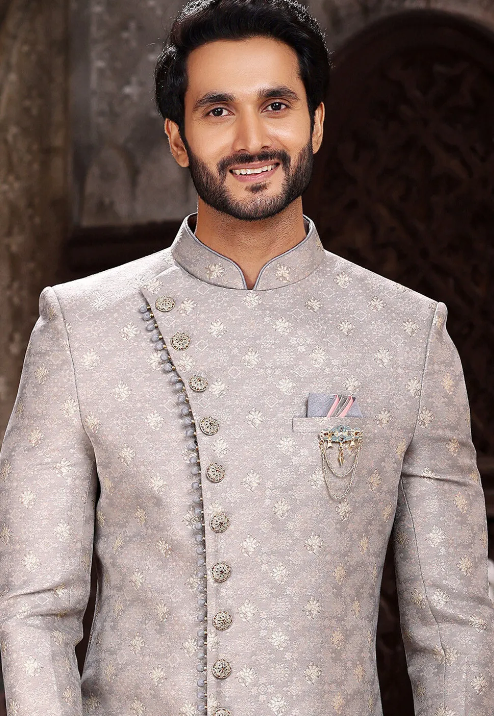 Woven Art Silk Jacquard Sherwani in Grey