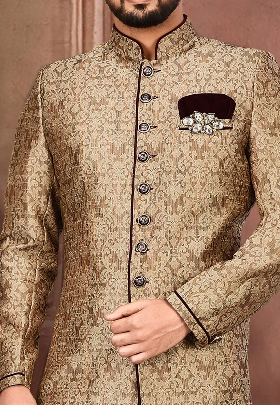 Woven Art Silk Jacquard Sherwani in Dark Beige