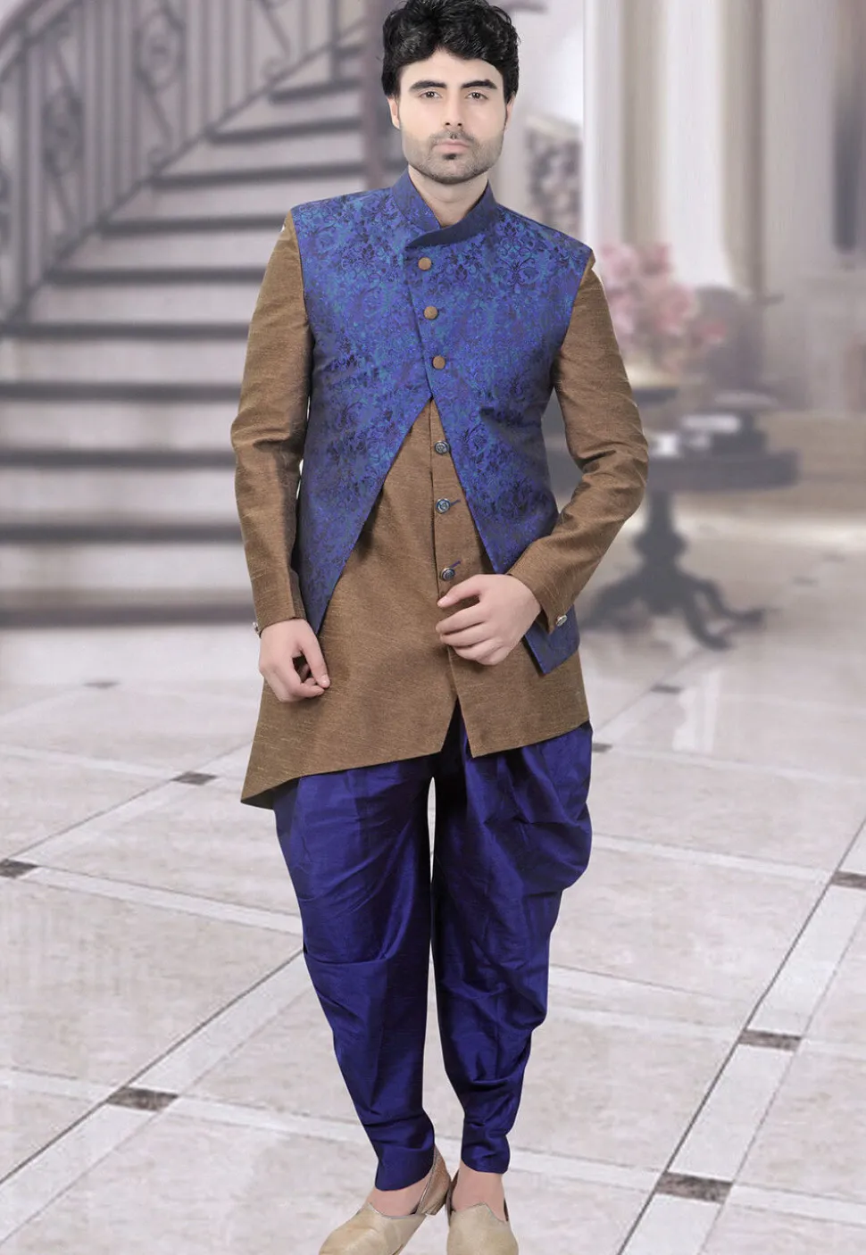 Woven Art Silk Jacquard Sherwani in Brown and Royal Blue