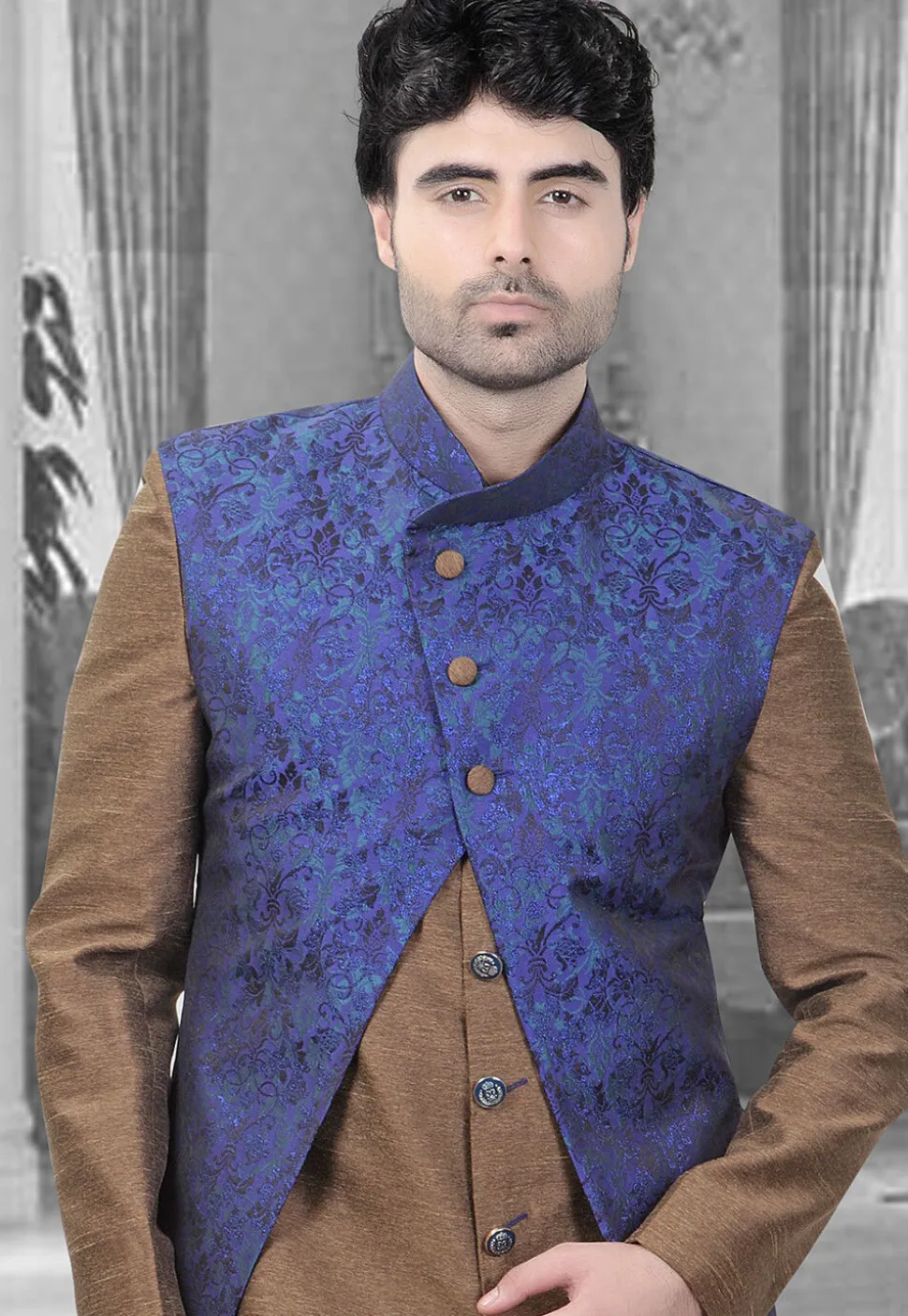 Woven Art Silk Jacquard Sherwani in Brown and Royal Blue