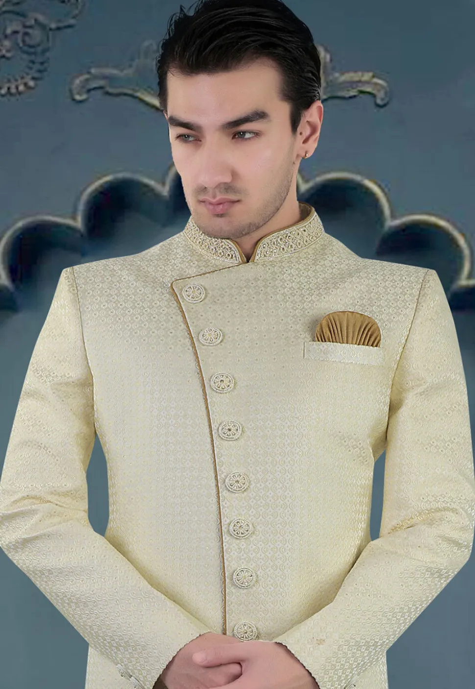 Woven Art Silk Jacquard Sherwani in Light Green