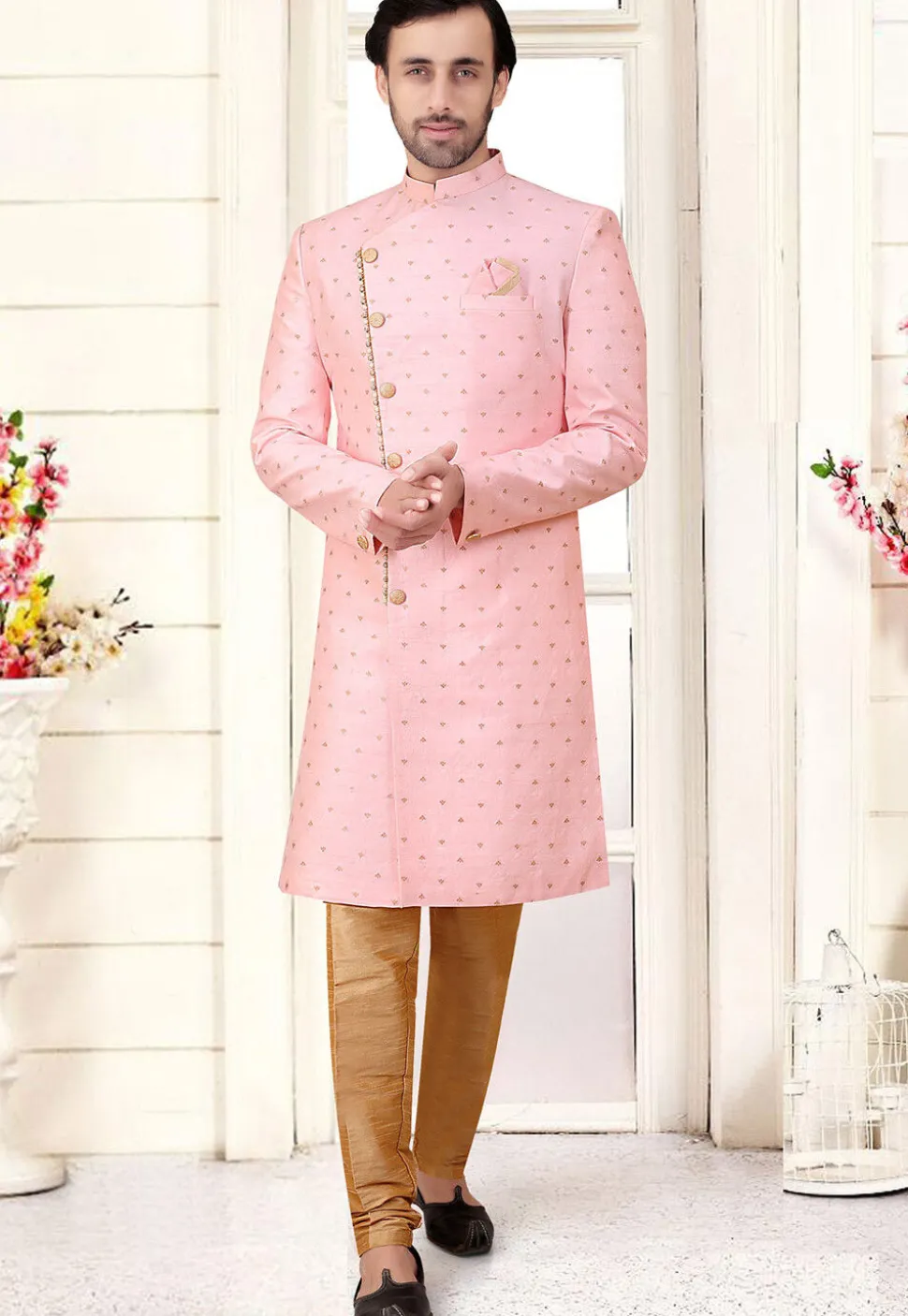 Woven Art Silk Jacquard Sherwani in Pink