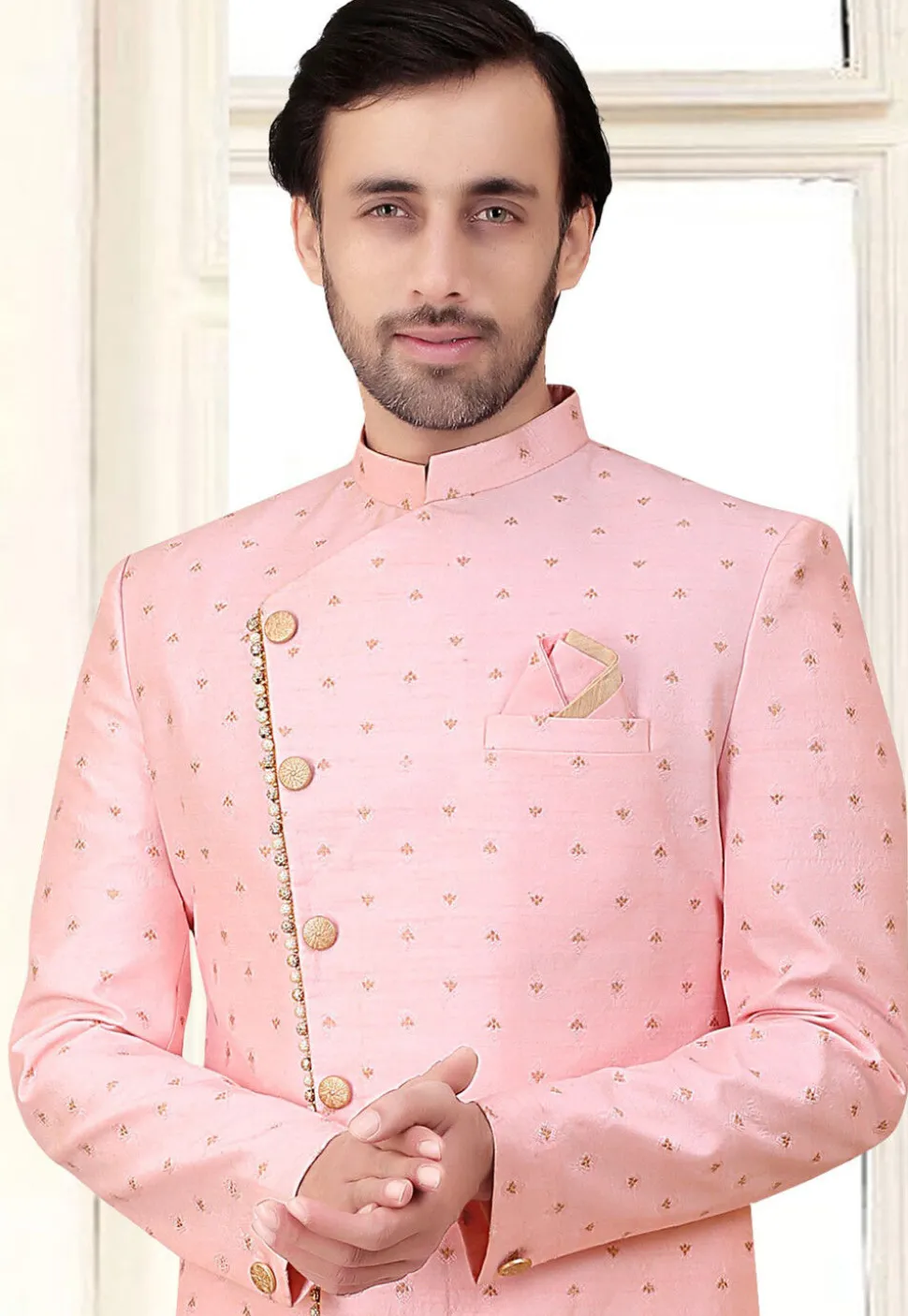Woven Art Silk Jacquard Sherwani in Pink